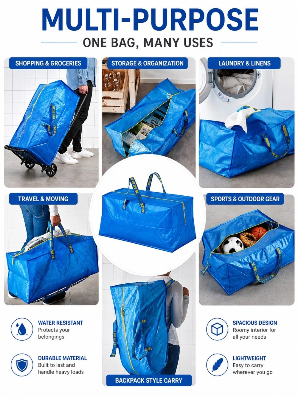 IKEA FRAKTA Storage Bag for Cart Blue 20 Gallon Zippered Large Utility Bag